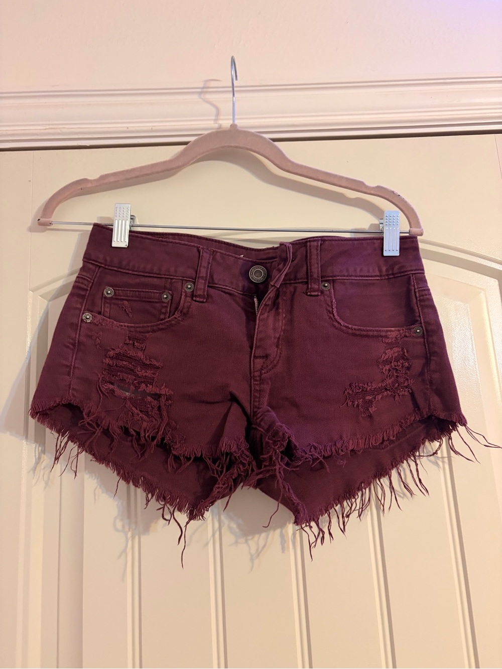 American Eagle Outfitters Wine Distressed Denim Shorts